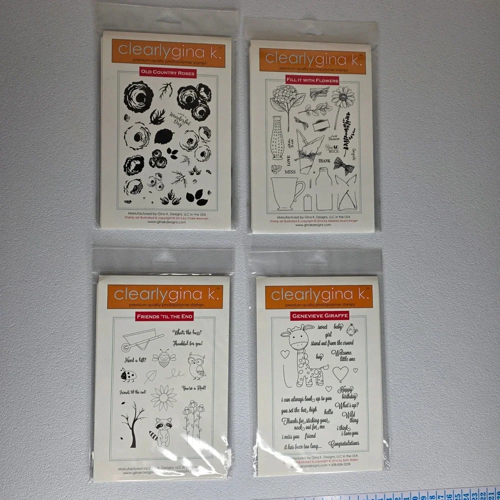 NEW Gina K Designs Photopolymer Stamps 6x8 Clear Floral Animal 4pc Lot